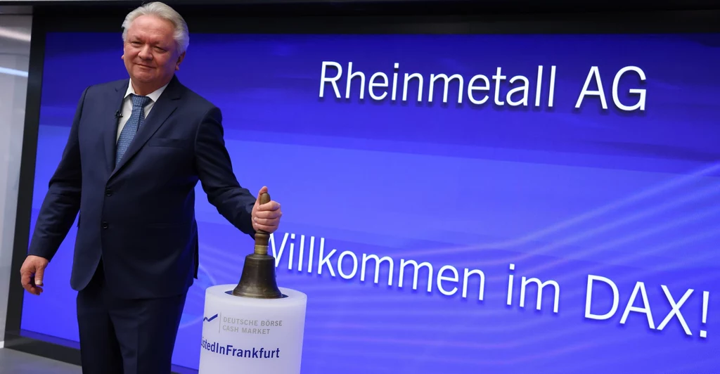 Dyrektor generalny niemieckiego producenta broni Rheinmetall Armin Papperger podczas wprowadzania firmy do niemieckiego indeksu giełdowego DAX