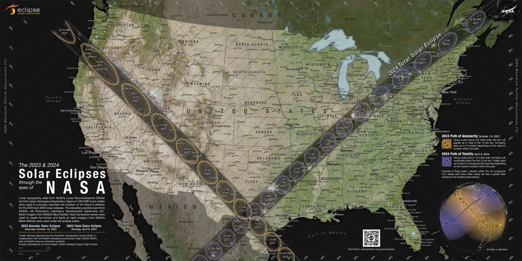 Mapa zaćmień słońca w USA na 2023 i 2024 rok.