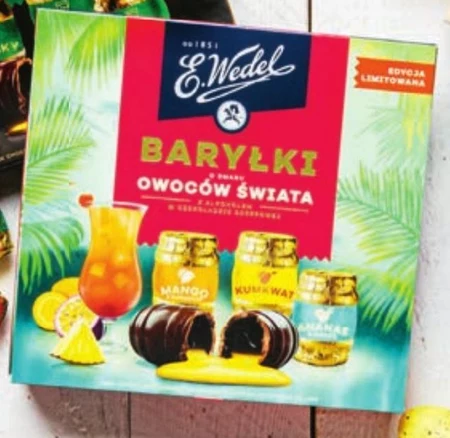 E. Wedel Baryłki o smaku owoców świata z alkoholem w czekoladzie deserowej 200 g