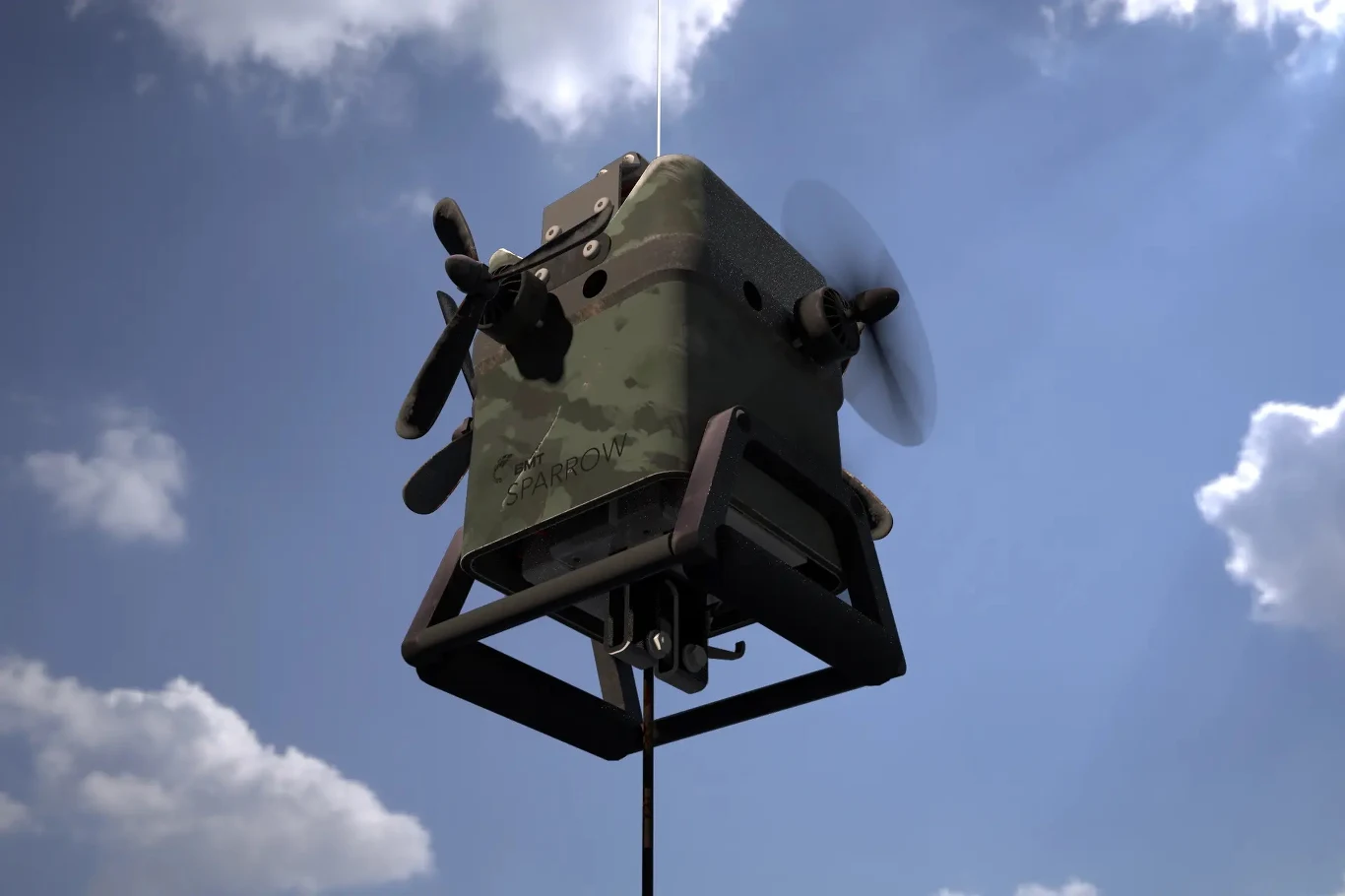 Z drona na linie opuszcza się drugi mini-dron. Dzięki temu pomysłowi firma BMT chce rozwiązać odwieczny problem dronów transportowych / zdjęcie: BMT Z drona na linie opuszcza się drugi mini-dron. Dzięki temu pomysłowi firma BMT chce rozwiązać odwieczny problem dronów transportowych / zdjęcie: BMT