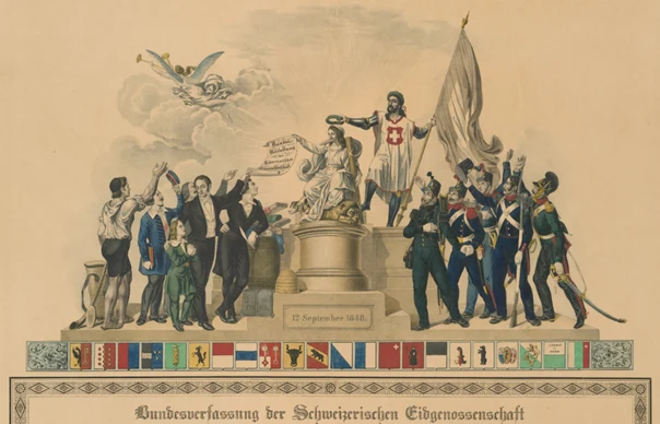 Grafika przedstawiająca pierwszą konstytucję Szwajcarii z 1848 roku Grafika przedstawiająca pierwszą konstytucję Szwajcarii z 1848 roku