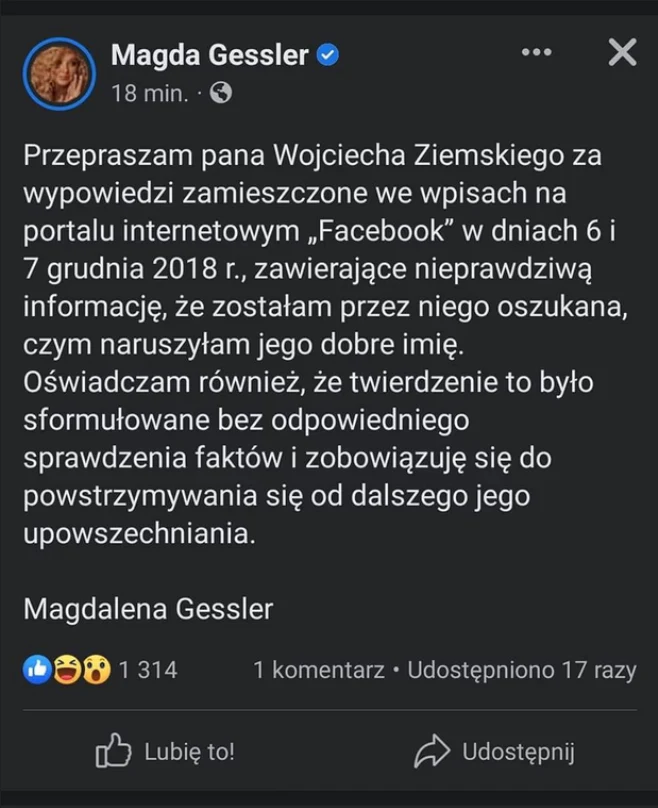 Post z 24 marca, który pojawił się na profilu Magdy Gessler
