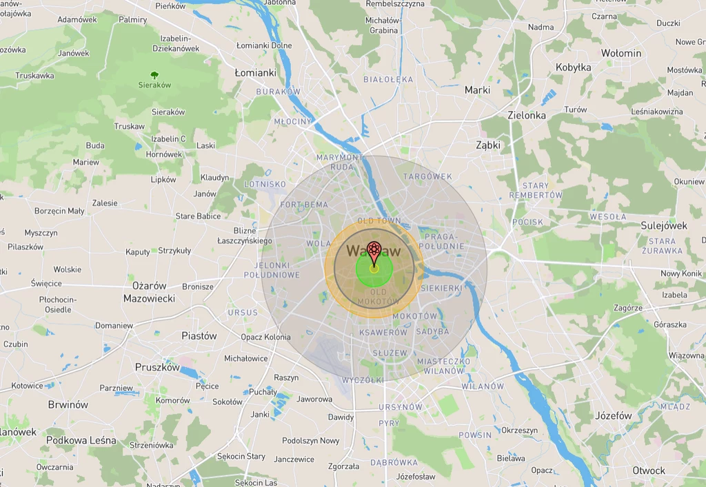 Jeśli Iskander-M faktycznie może przenosić tyle materiału nuklearnego, to tak wyglądałyby zasięg zniszczeń po jego uderzeniu w Warszawę. W praktyce cała stolica ległaby w gruzach