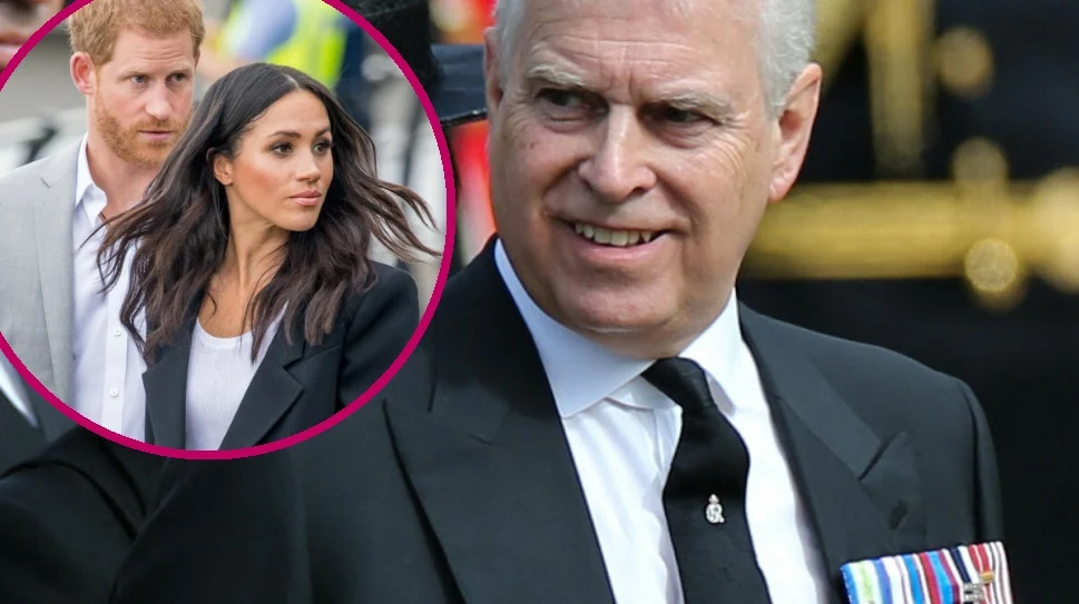 Książę Andrzej, książę Harry i Meghan Markle. Książę Andrzej, książę Harry i Meghan Markle.