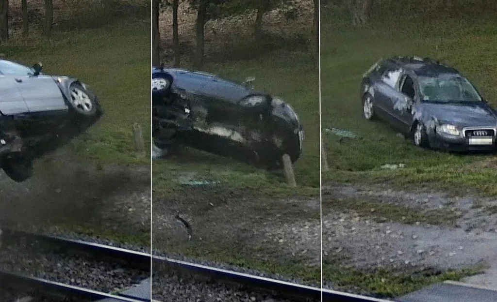 Kierowca Audi stracił panowanie nad autem i przeleciał przez tory kolejowe.