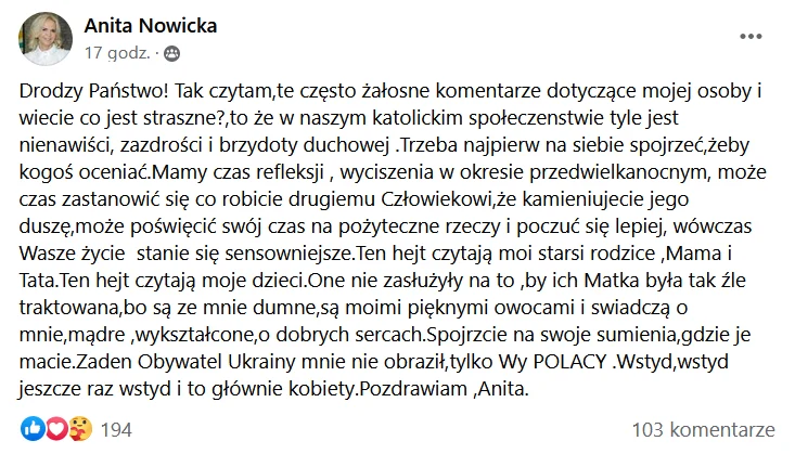 Post Anity z piątej edycji "Sanatorium miłości" (screen z Facebooka) Post Anity z piątej edycji "Sanatorium miłości" (screen z Facebooka)