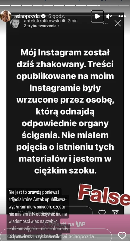 Joanna Opozda reaguje na wpis Antoniego Królikowskiego Joanna Opozda reaguje na wpis Antoniego Królikowskiego