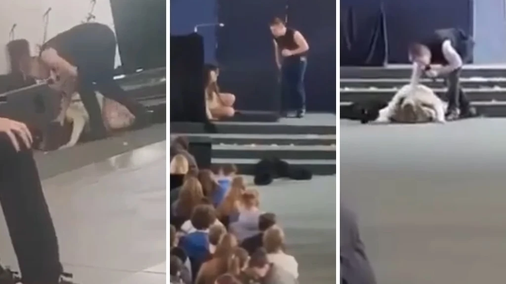 Fragment "inscenizacji" podczas rekolekcji dla szkół średnich w kościele Maksymiliana Kolbego w Toruniu Fragment "inscenizacji" podczas rekolekcji dla szkół średnich w kościele Maksymiliana Kolbego w Toruniu