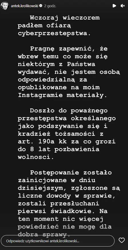 Antek Królikowski twierdzi, że padł ofiarą cyberprzestępstwa