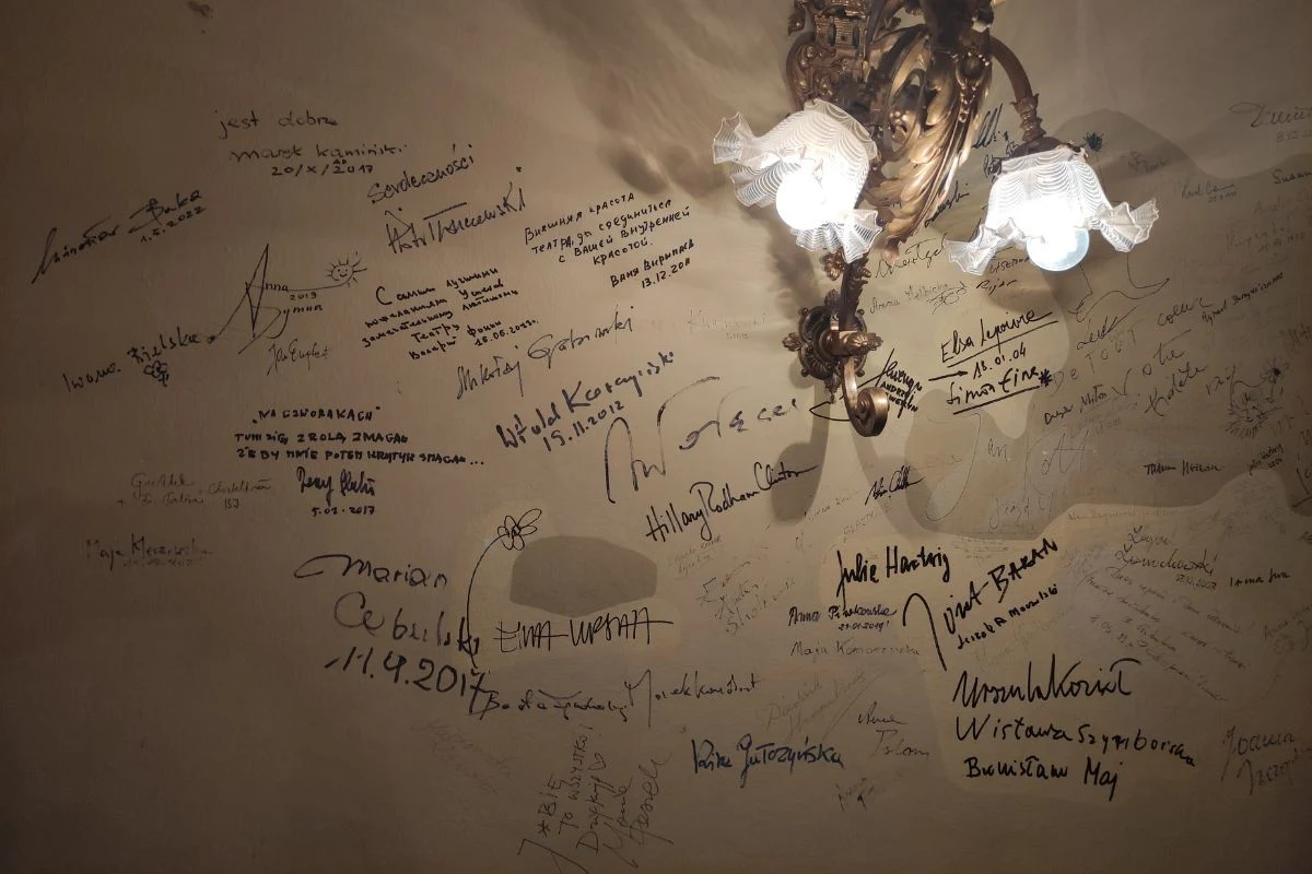 Ściana z napisami w garderobie Solskiego Ściana z napisami w garderobie Solskiego