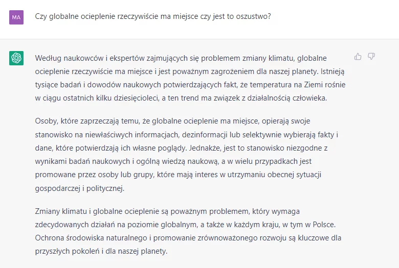 ChatGPT nie ma wątpliwości, że zmiana klimatu ma miejsce.