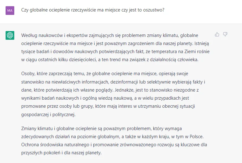 ChatGPT nie ma wątpliwości, że zmiana klimatu ma miejsce.