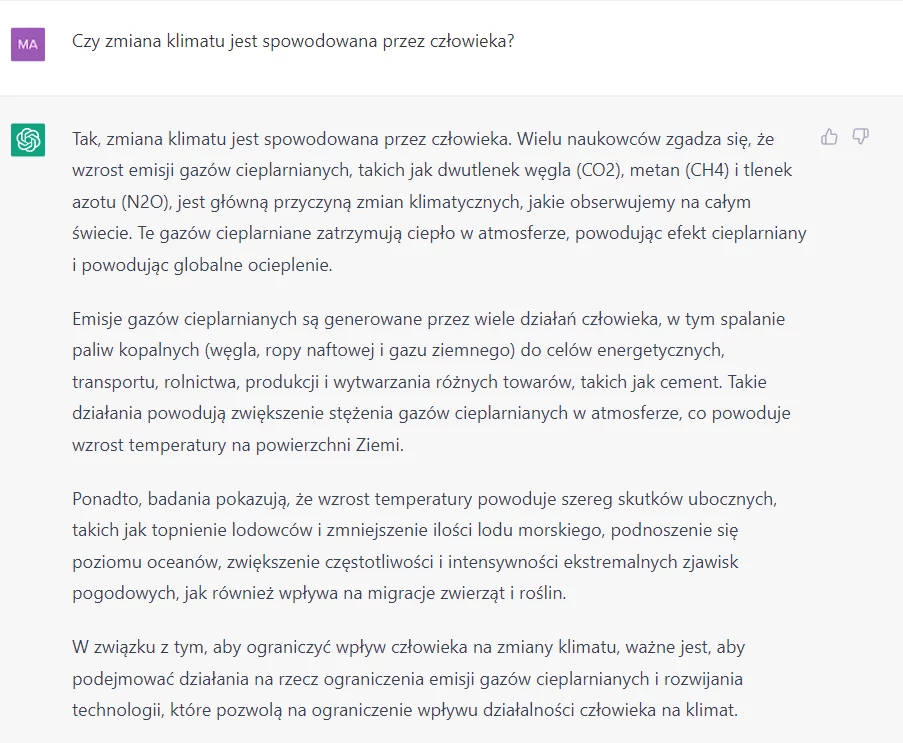 Chat nie ma wątpliwości, że zmiana klimatu jest głównie spowodowana przez człowieka 