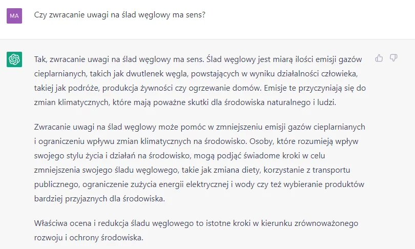 Zgodnie z informacjami zebranymi przez chatGPT, liczenie śladu węglowego ma sens.  