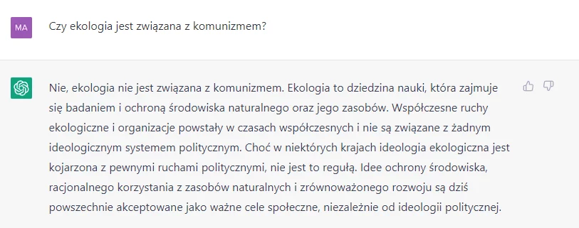 Chat GPT nie widzi powiązań między ekologią a komunizmem.