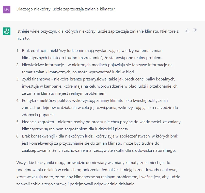 Chat GPT ma również odpowiedź na przyczynę denializmu klimatycznego. 
