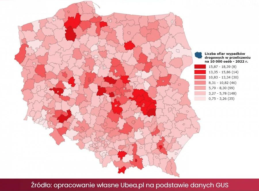 Mapa miejsc w Polsce z najwyższą liczbą ofiar wypadków drogowych na 10 tys. mieszkańców