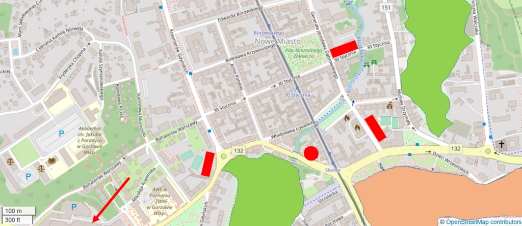 Mapa Gorzowa Wielkopolskiego z zaznaczonymi szkołami oraz punktami i obszarami z żywnością fast food