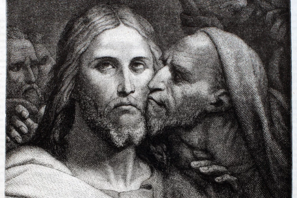 Reprodukcja obrazu "Pocalunek Judasza" Ary Szeffera. Ilustracja z XIX wieku 