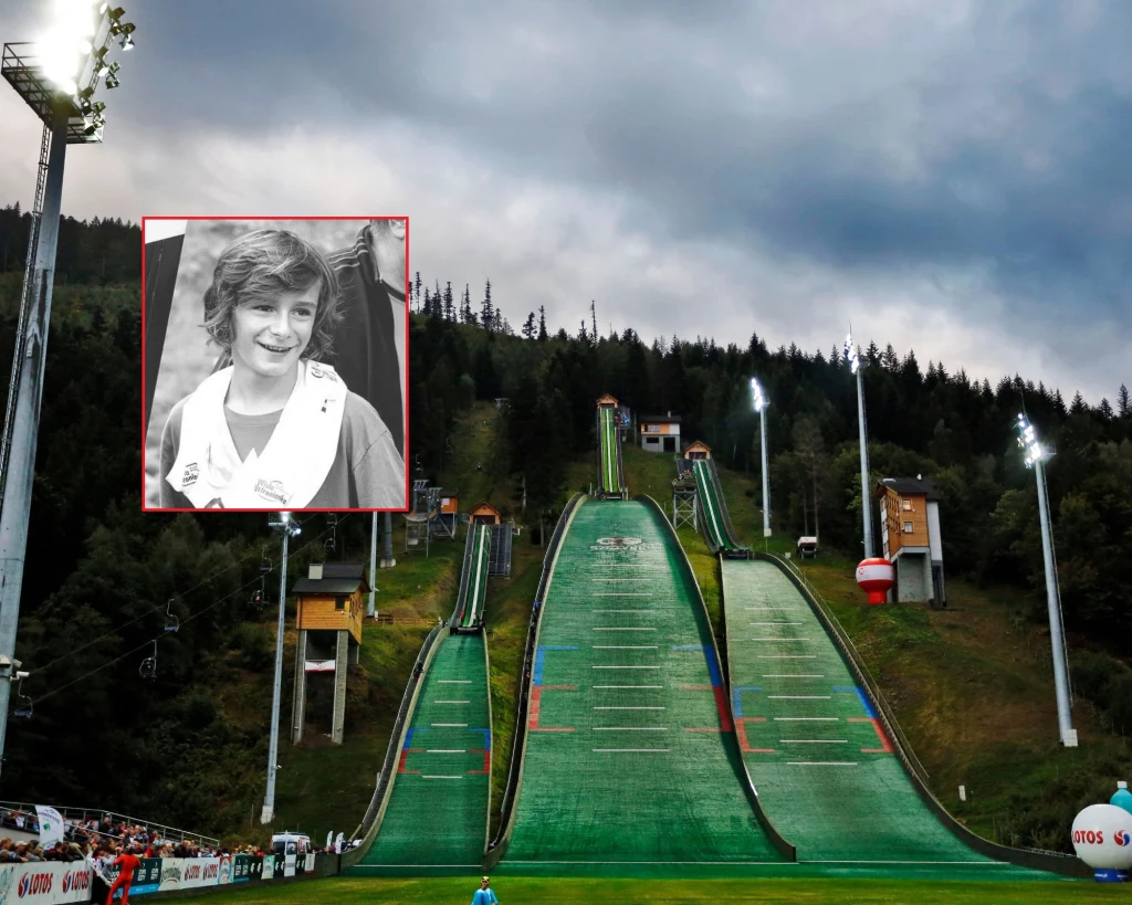 Kompleks skoczni Skalite w Szczyrku. W ramce Antoni Juroszek, który zmarł 11 lat temu