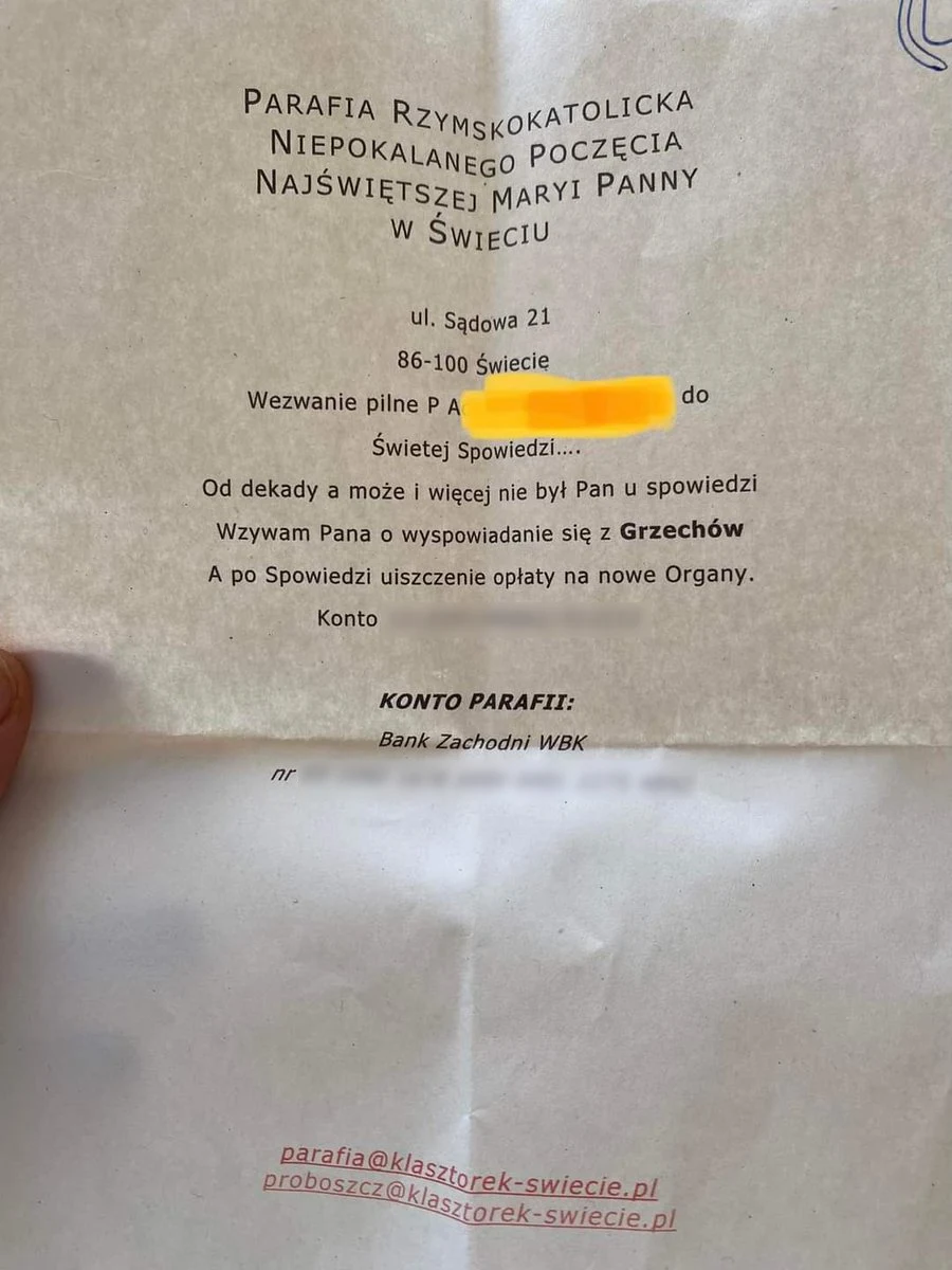 Fałszywe wezwanie do zapłaty, które miała rozsyłać do wiernych parafia w Świeciu Fałszywe wezwanie do zapłaty, które miała rozsyłać do wiernych parafia w Świeciu