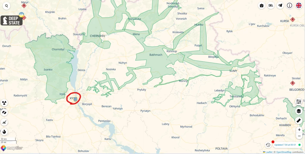 Mapa przygotowana przez zespół Deep State dobrze pokazuje jak rosyjskie wojska pędziły w kierunku Kijowa. Pod ich kontrolą znajdowały się praktycznie tylko drogi.