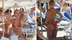 Kimberley Garner kusi w skąpym bikini na plaży. Gorące widoki