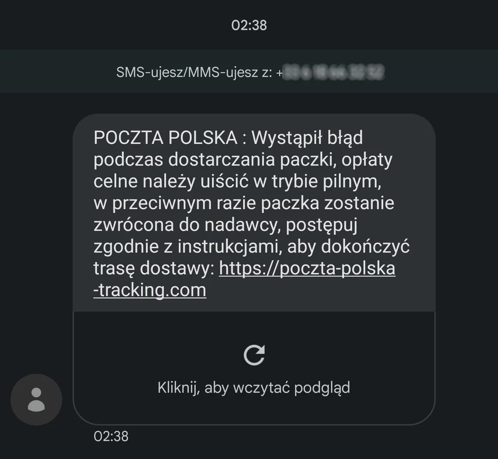 Treść SMS ma zachęcać do kliknięcia na link. Jeśli to zrobimy, możemy stracić pieniądze z naszego konta.