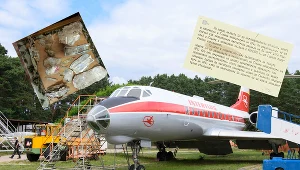 Samolot Tu-134 (zdjęcie poglądowe). W lewym rogu rzeczy znalezione na miejscu katastrofy po 45 latach, w prawym dokumenty dotyczące wypadku