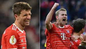 Liga Mistrzów. Piłkarze Bayernu Monachium: Thomas Mueller oraz Matthijs de Ligt