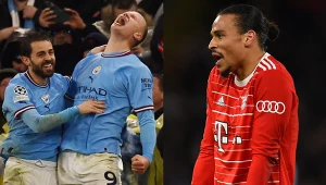 Liga Mistrzów: Manchester City - Bayern Monachium. Na zdjęciu: Bernardo Silva, Erling Haaland oraz Leroy Sane