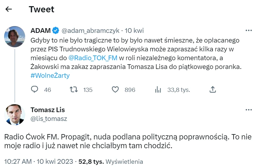Tomasz Lis o radiu Tok FM