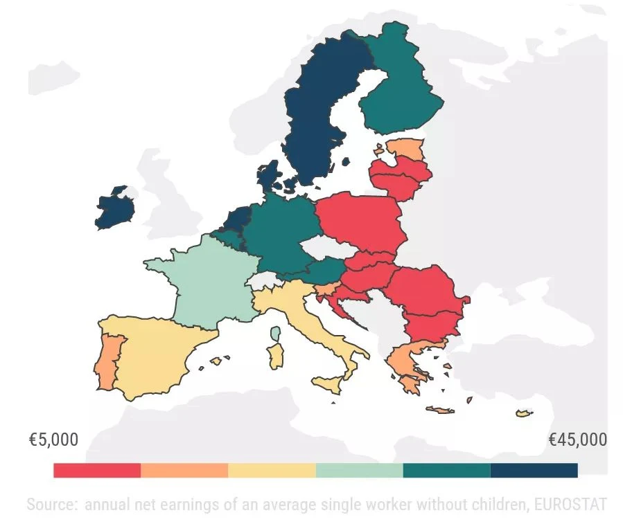 Średnioroczne wynagrodzenie netto w poszczególnych krajach UE - dane za Eurostat 2021