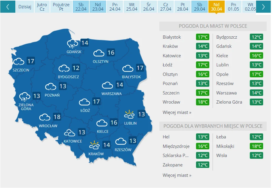 Pogoda na majówkę - niedziela 30 kwietnia 2023