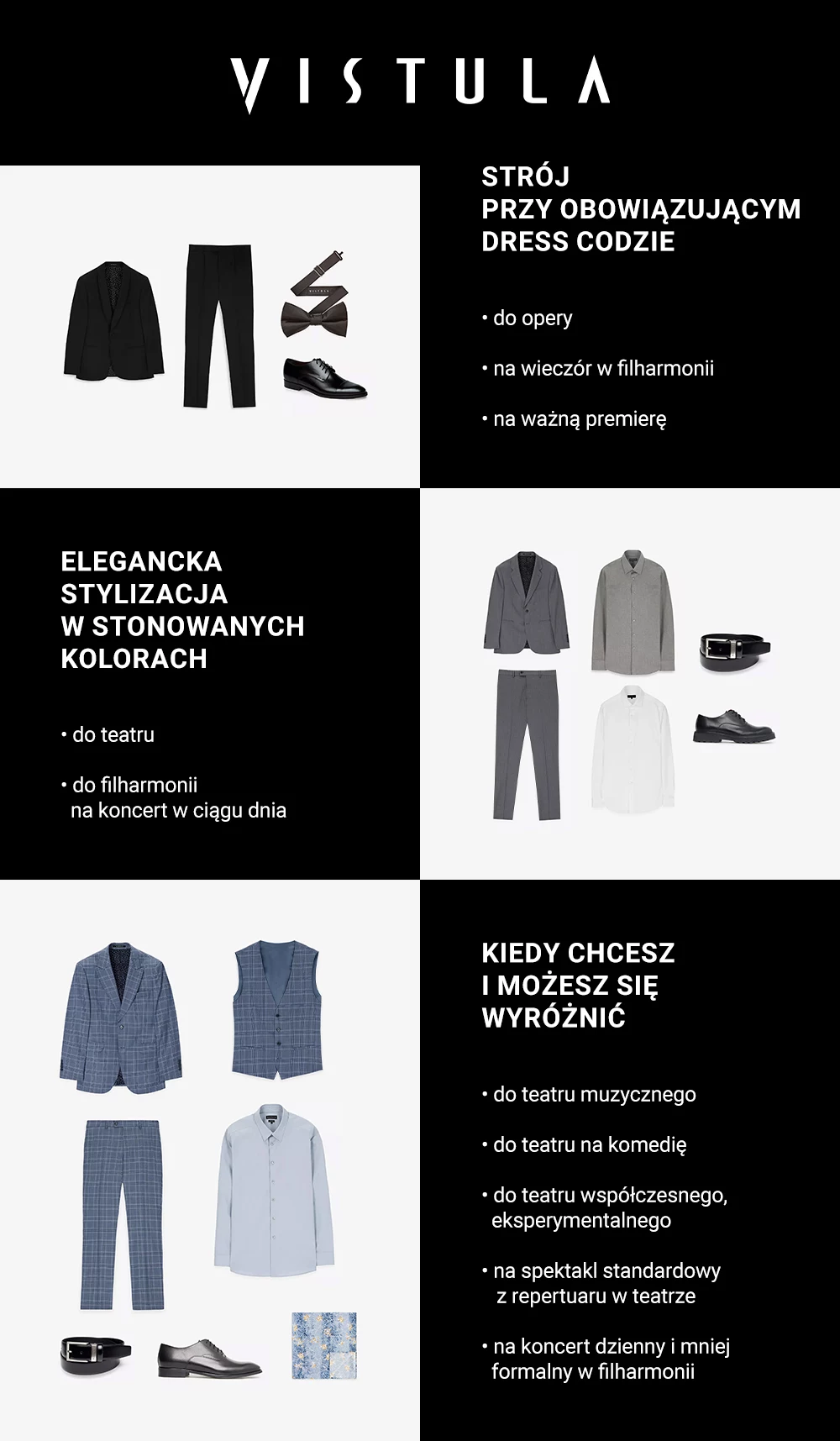 Wybrane stylizacje: Strój przy obowiązujący dress codzie; Elegancka stylizacja w stonowanych kolorach; Kiedy chcesz i możesz się wyróżnić - infografika