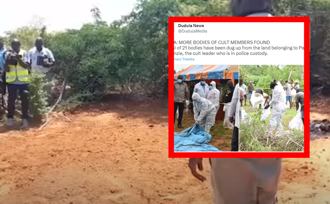 Na ziemi należącej do pastora, znaleziono do tej pory 21 ciał /Citizen TV Kenya /YouTube / /@DudulaMedia /Twitter Na ziemi należącej do pastora, znaleziono do tej pory 21 ciał /Citizen TV Kenya /YouTube / /@DudulaMedia /Twitter