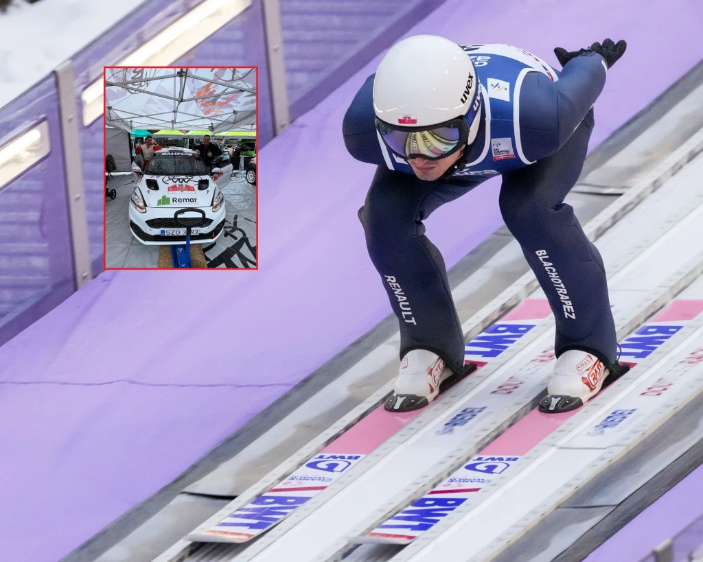 Maciej Kot na rozbiegu skoczni. W ramce przy samochodzie rajdowym Maciej Kot na rozbiegu skoczni. W ramce przy samochodzie rajdowym