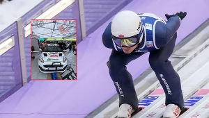 Maciej Kot na rozbiegu skoczni. W ramce przy samochodzie rajdowym