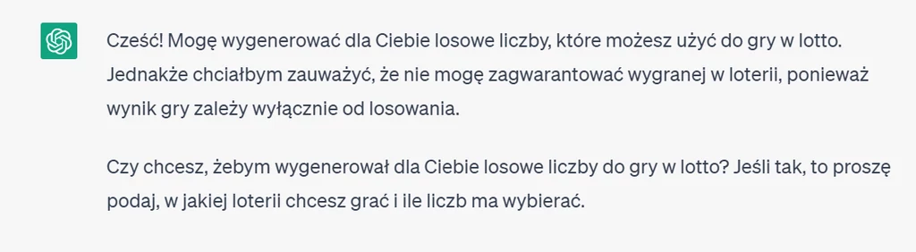 Chat wygeneruje nam liczby, jednak będzie na każdym kroku potwierdzał, że nie gwarantuje wygranej