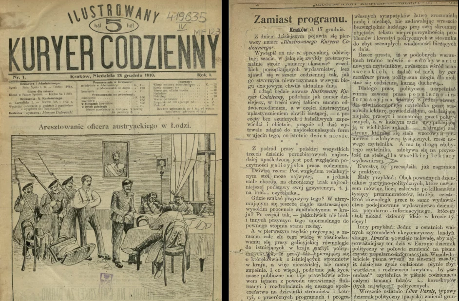 "Jedynka" pierwszego numeru Ilustrowanego Kuriera Codziennego oraz fragment programu gazety, napisany przez Mariana Dąbrowskiego