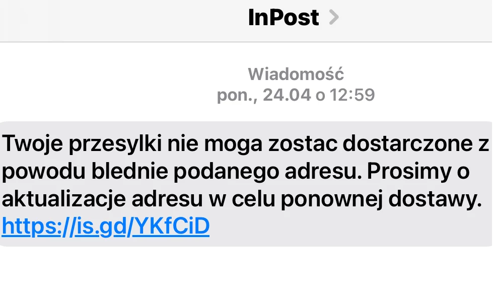 Wiadomość SMS od oszustów zawiera link do strony, której celem jest wyłudzenie naszych danych