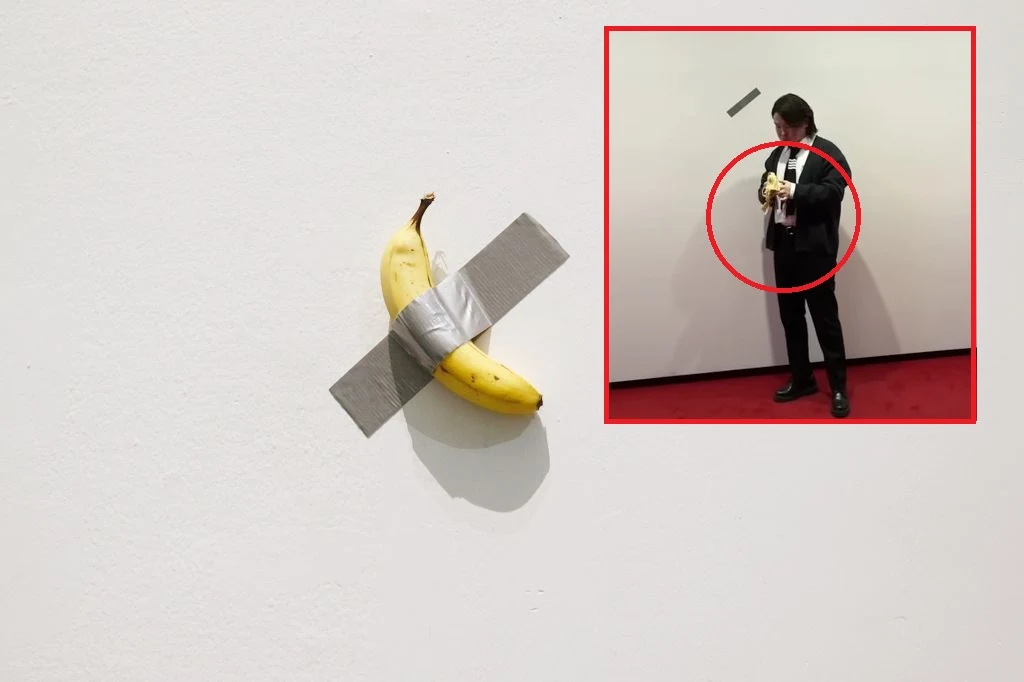 Student odwiedzający muzeum zjadł banana z instalacji Maurizio Cattelana Student odwiedzający muzeum zjadł banana z instalacji Maurizio Cattelana
