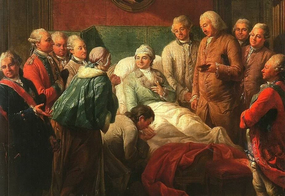 Stanisław August Poniatowski przyjmuje dworzan po zamachu. Obraz Marcello Bacciarellego
