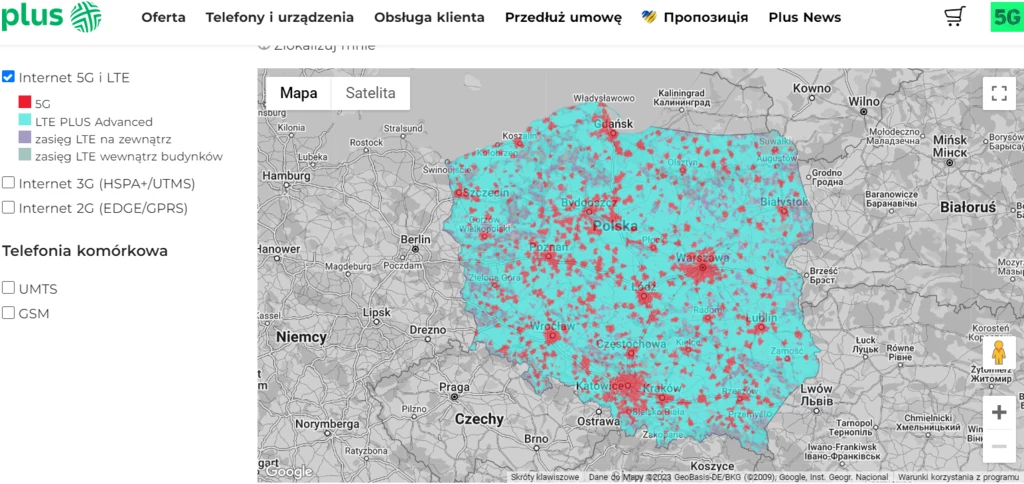 Mapa zasięgu sieci 5G w Polsce.