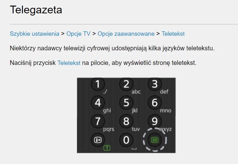 Telegazeta w telewizorze Sony.