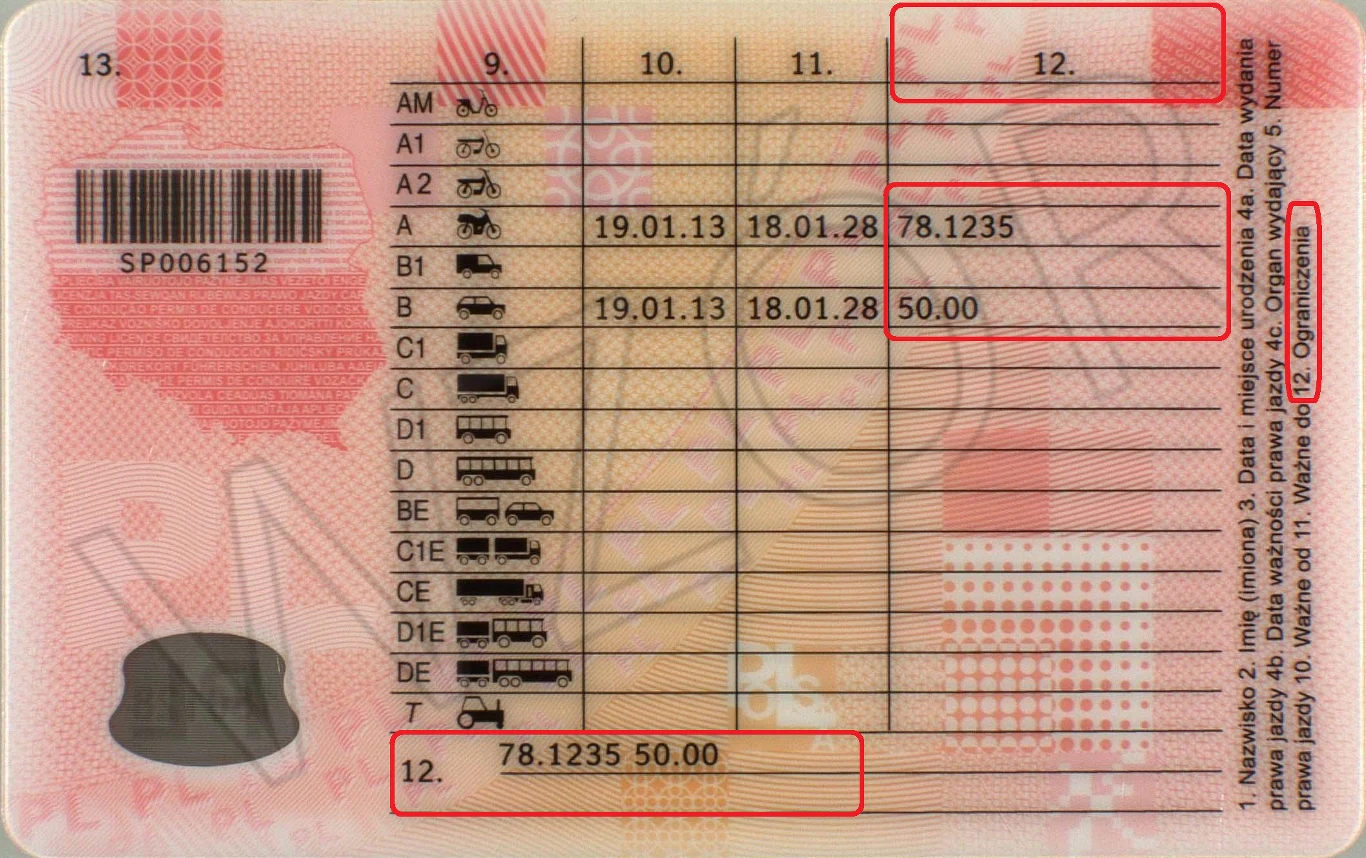 Wzór prawa jazdy z zaznaczonymi miejscami dotyczącymi kodów ograniczeń.