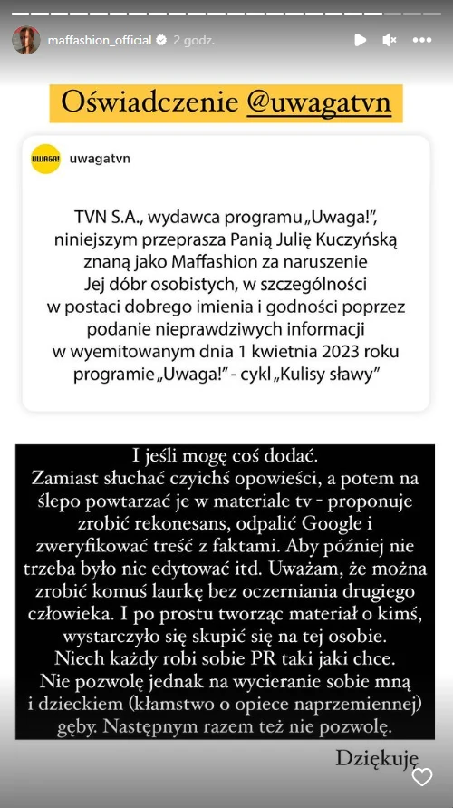 Maffashion wydała oświadczenie do przeprosin od TVN Maffashion wydała oświadczenie do przeprosin od TVN