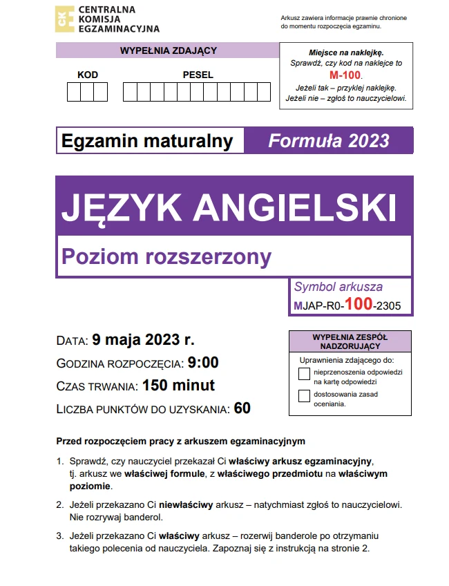 Angielski rozszerzony, formuła 2023. Arkusz CKE i odpowiedzi Angielski rozszerzony, formuła 2023. Arkusz CKE i odpowiedzi