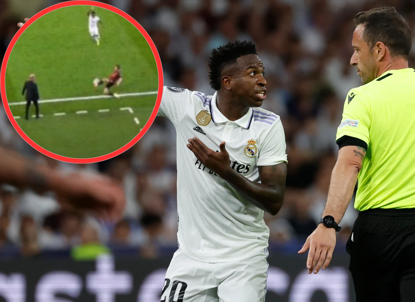 Liga Mistrzów. Gwiazdor Realu Madryt Vinicius Junior protestujący podczas meczu z Manchesterem City Liga Mistrzów. Gwiazdor Realu Madryt Vinicius Junior protestujący podczas meczu z Manchesterem City