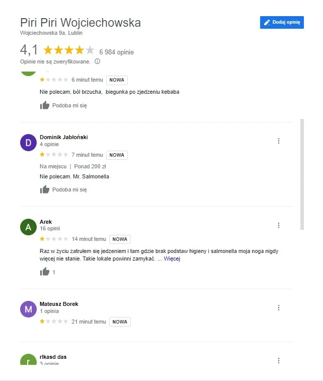 Kilka z najnowszych ocen lokalu Piri-Piri na ulicy Wojciechowskiej w Lublinie. Kilka z najnowszych ocen lokalu Piri-Piri na ulicy Wojciechowskiej w Lublinie.